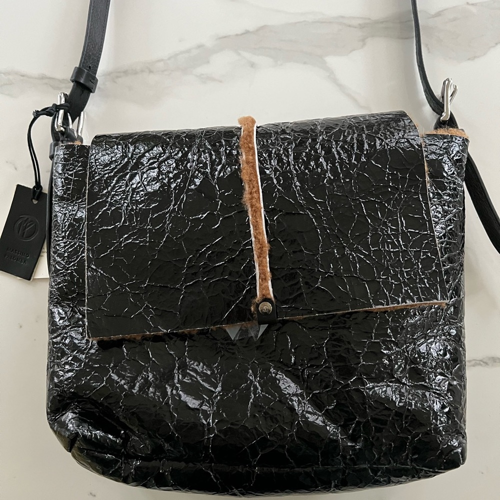 Massimo Palomba Cross Body Bag Black Leather/Brown Sherpa Lining. Italian. NWT